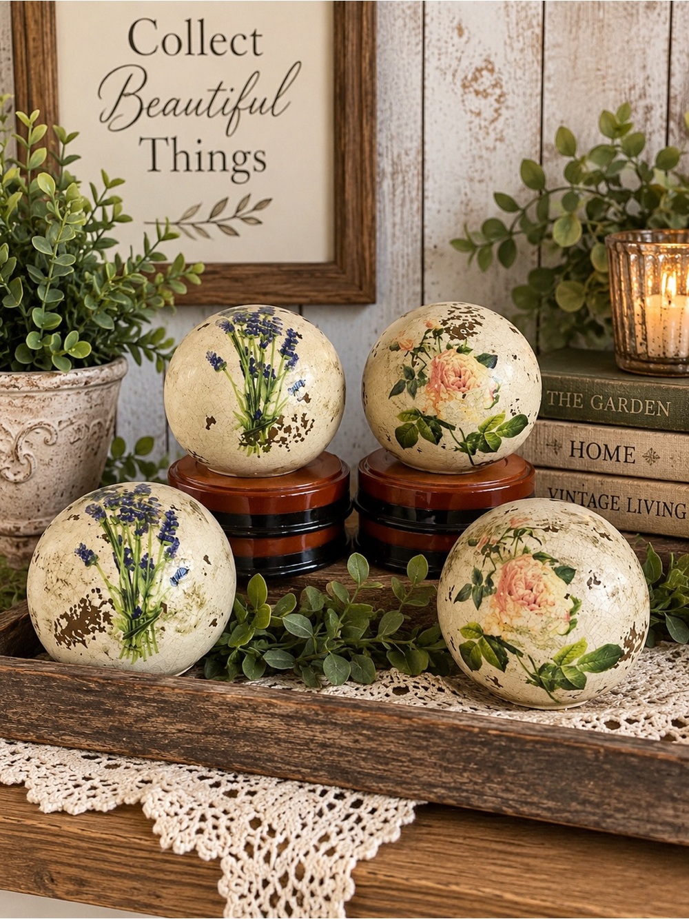 Decorative Floral Sphere Set - Cream Floral Home Accents